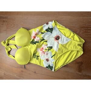 Ted Baker London Yellow Floral One-Piece Swimsuit Halter Neck